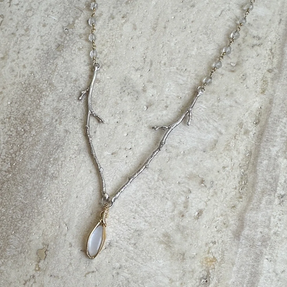 Sterling Silver & 14k Gold Fill Nature Branch Cast and Moonstone Necklace